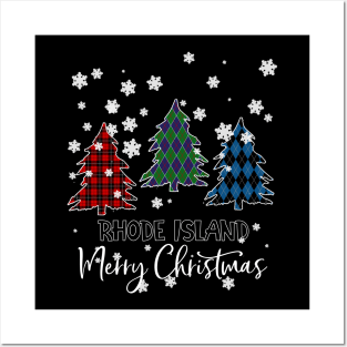 Rhode Island Merry Christms Buffalo Plaid Xmas Tree  Posters and Art